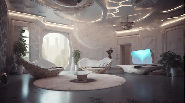A room with a large white ceiling and a large mirror that says'space '