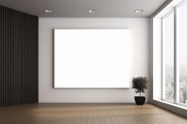 A room with a large white frame and a plant in the corner.