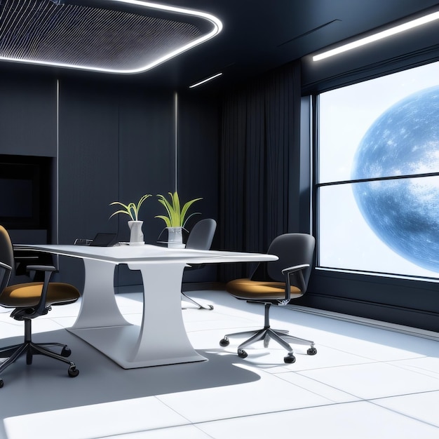 A room with a large window and a blue planet in the background.