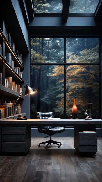 a room with a large window and a book shelf with a tree in the background