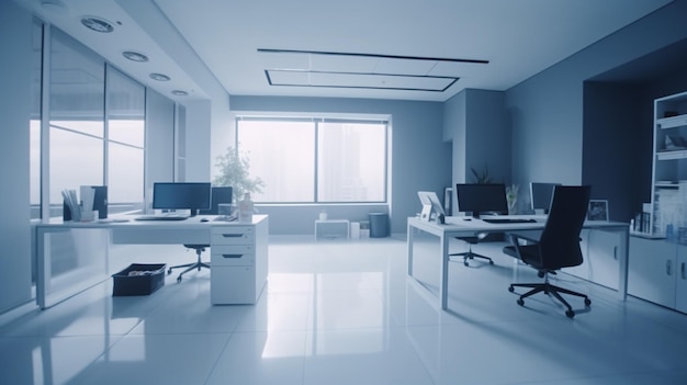 A room with a large window and a desk with a computer on it.