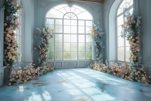 A room with a large window and flowers on the floor.