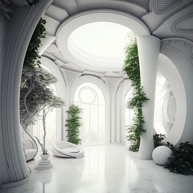 A room with a large window and a large dome with plants on it.