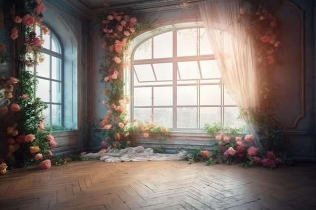 Комната с большим окном и большим окном с розами на нем.