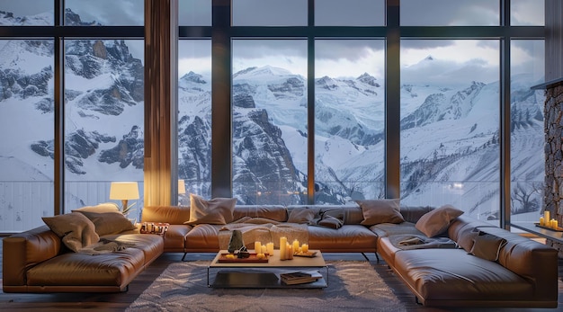 a room with a large window and a large window with a view of mountains and mountains