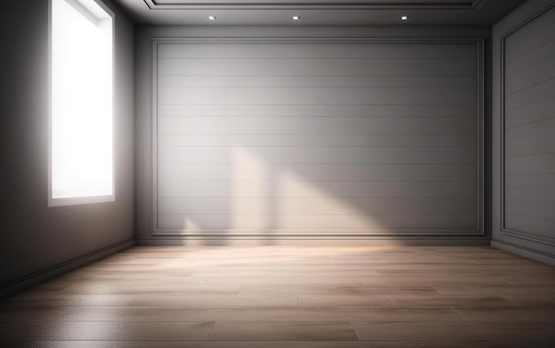 A room with a large window and a light on it