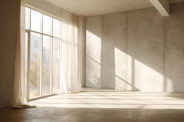 A room with a large window and a man sitting in a chair.