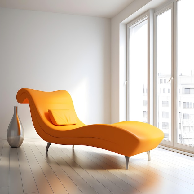 A room with a large window and a orange lounge chair.