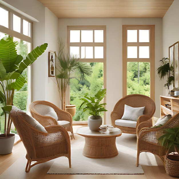 a room with a large window and a plant in the center