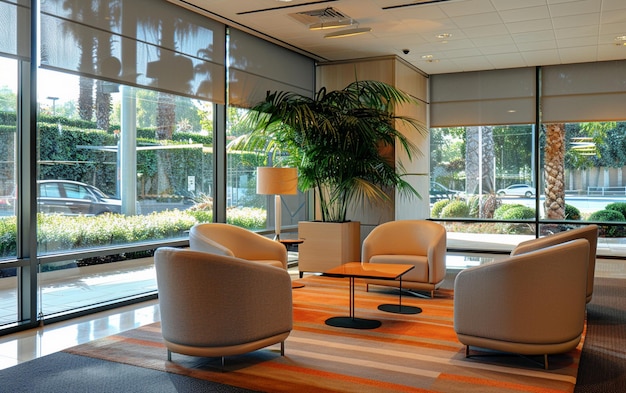 a room with a large window and a plant in the corner