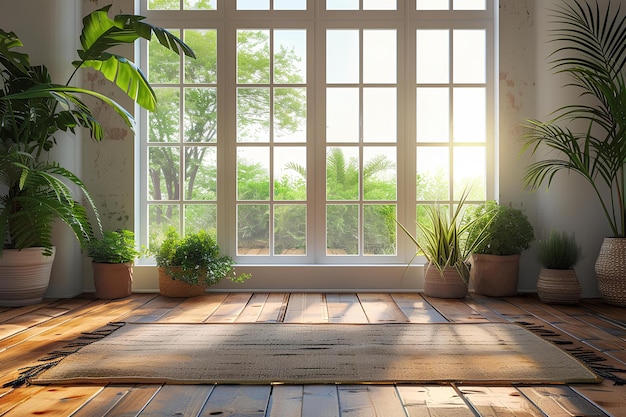 A room with a large window and a rug on the floor with plants in it and a potted plant on the far