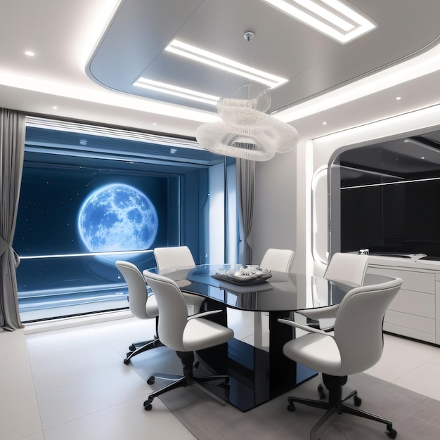 A room with a large window and a table with chairs and a moon in the background.