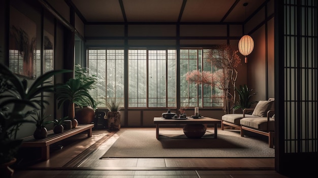 A room with a large window and a table with a plant on it.