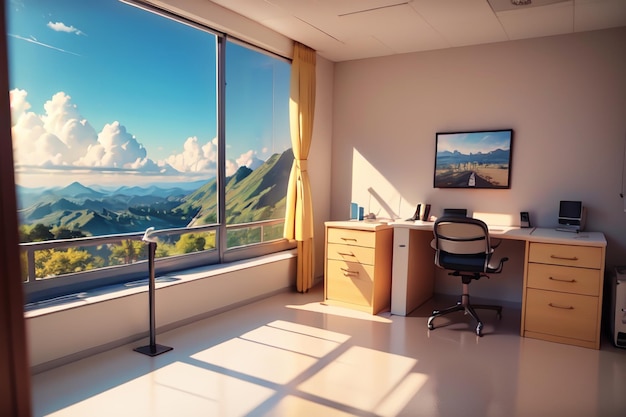 A room with a large window that has a mountain view on it.