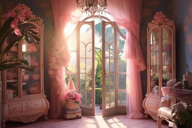 A room with a large window that has a pink curtain and a large window with a flower pattern.