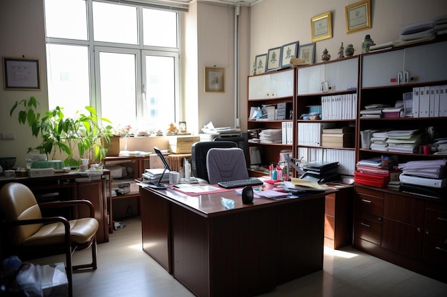 Photo a room with a large window that has a plant on it