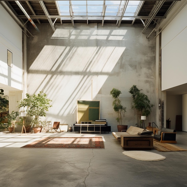 a room with a large window that has a plant in it