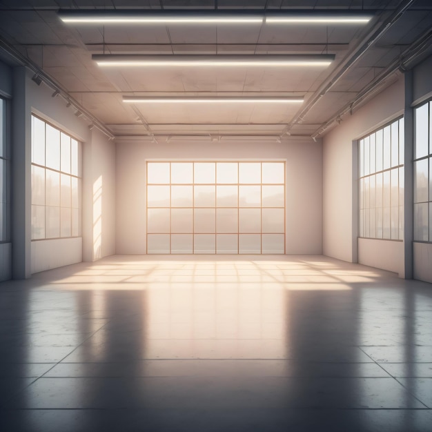 A room with a large window that has the sun shining on it.