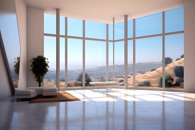 A room with a large window that says " the view is a mountain view "