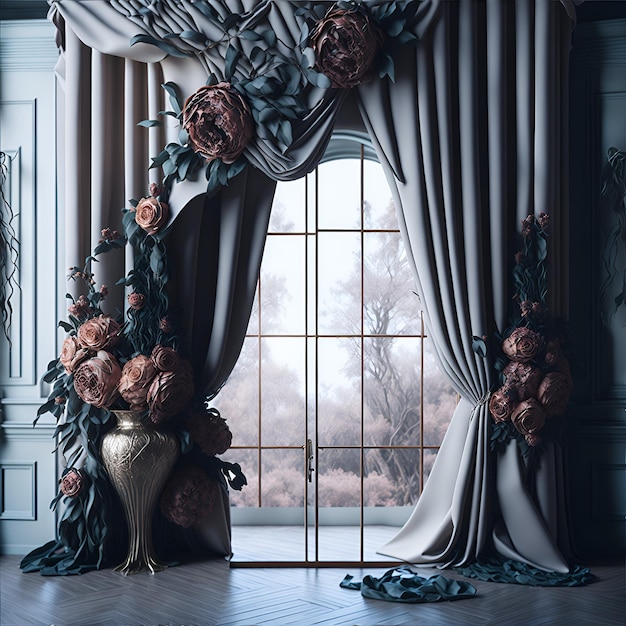 A room with a large window and a vase with flowers on it