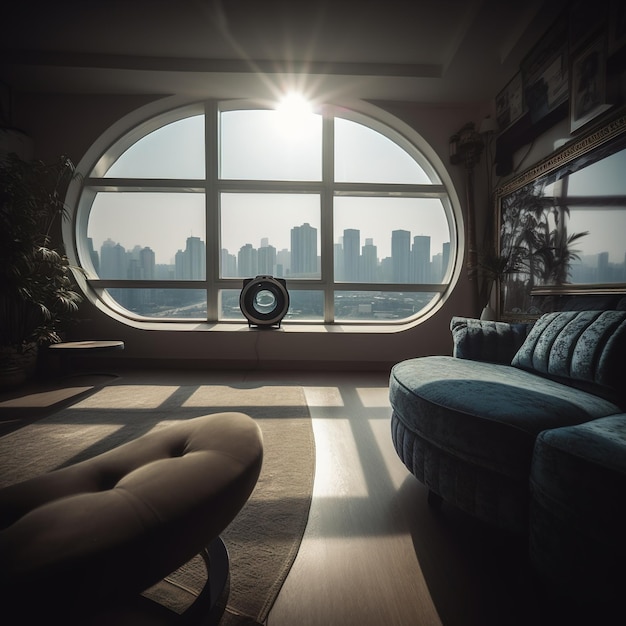 a room with a large window and a view of the city