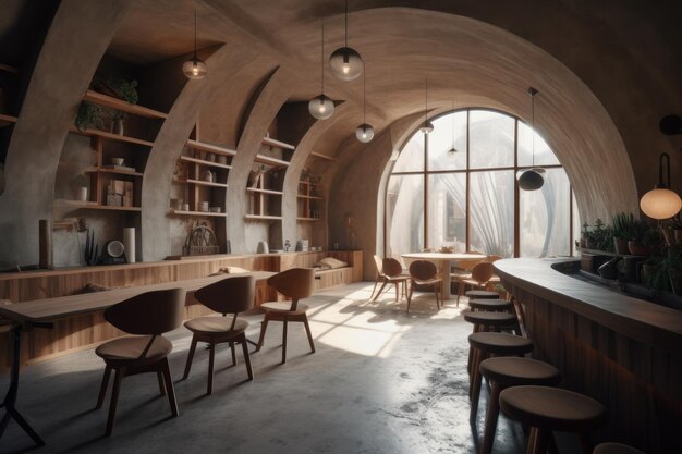 A room with a large window and a wooden table with chairs and a table with a book shelf on it.