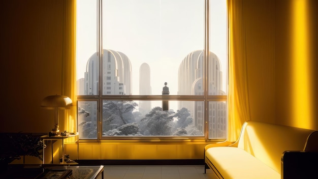 A room with a large window and a yellow curtain that says'paris '