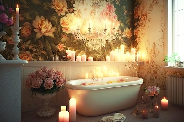 Room with light floral wallpaper and white bathtub with candles in bathroom created with generative