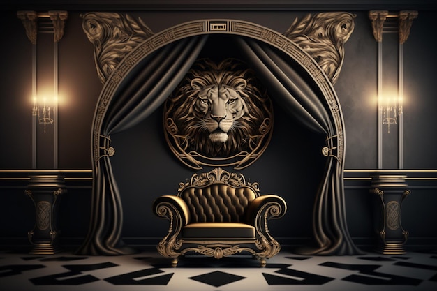 A room with a lion head and a sofa