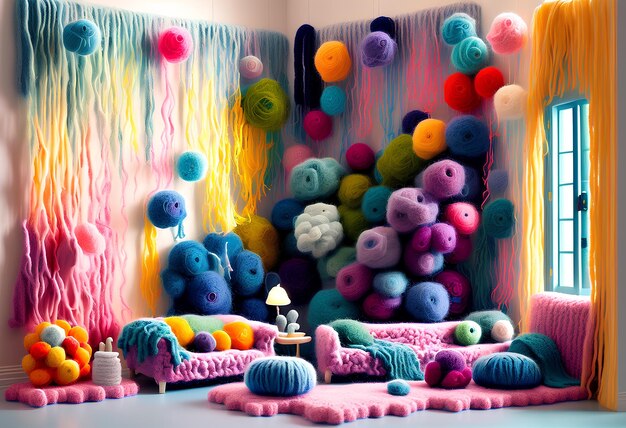 Photo a room with a lot of balls and a wall of yarn.