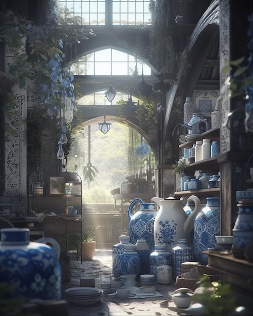 A room with a lot of blue and white vases and a window that says " blue and white " on it.