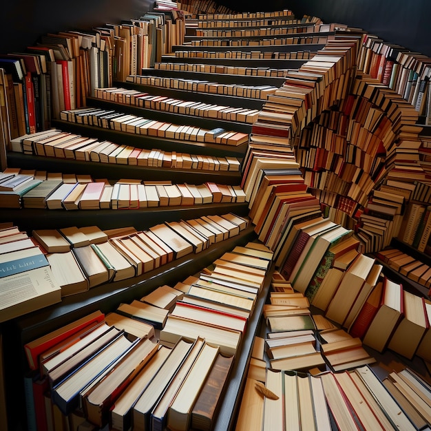 a room with a lot of books on the floor and one of them has a spiral staircase