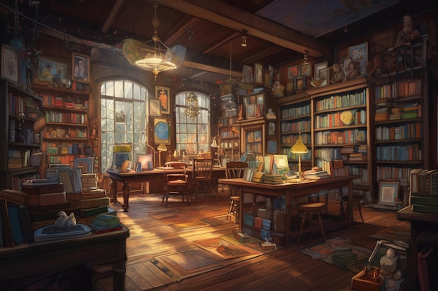 A room with a lot of books and a lamp