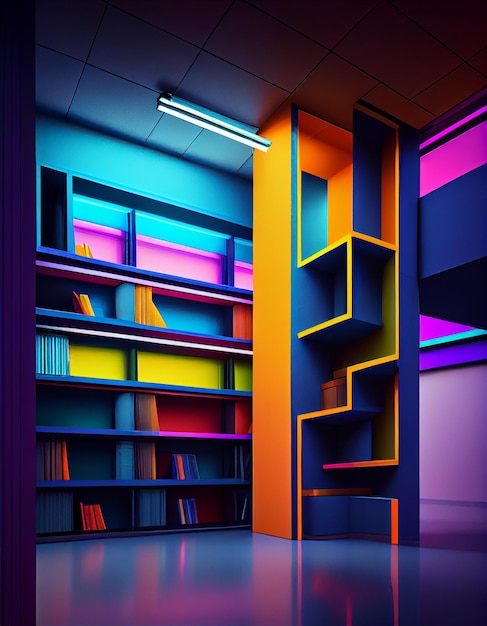 A room with a lot of books and a purple and orange color.