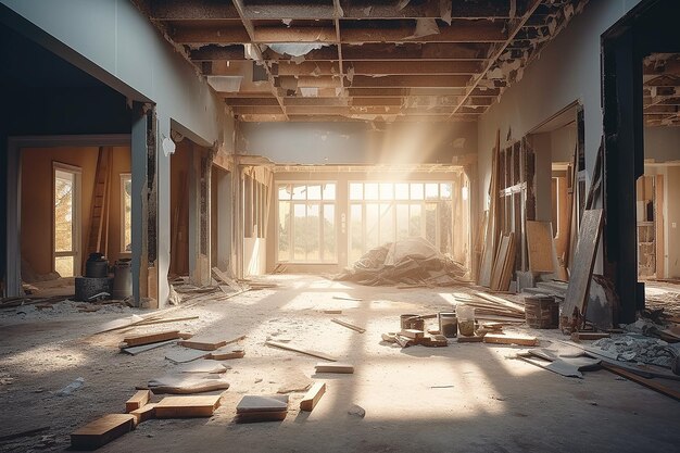 A room with a lot of debris and a large window that has the sun shining through it.