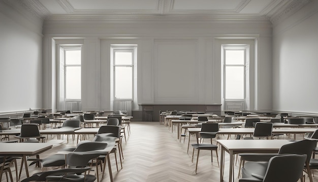 a room with a lot of desks and chairs with a white wall behind them