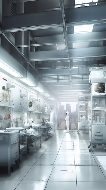 A room with a lot of equipment and a person in white standing in front of a building that says'the word lab '