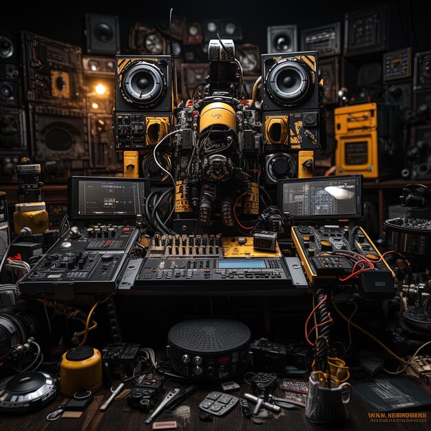 a room with a lot of equipment and a sound system