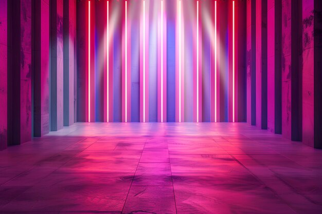 A room with a lot of lights and a floor with a tile floor and a wall with columns and a light beam