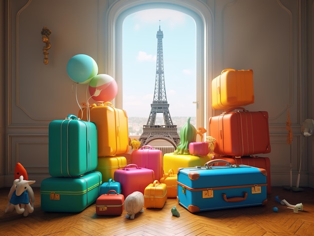 A room with a lot of luggage and a sign that says " eiffel ".