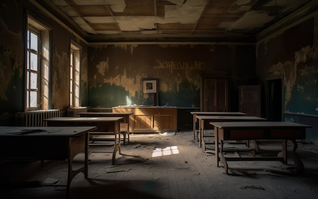 A room with a lot of papers on the wall and a desk in the corner