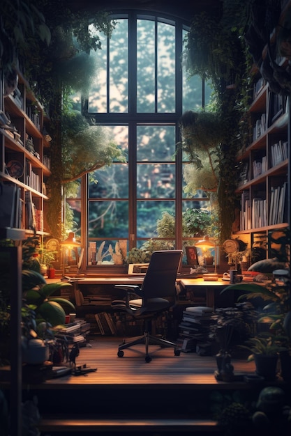 A room with a lot of plants and a desk