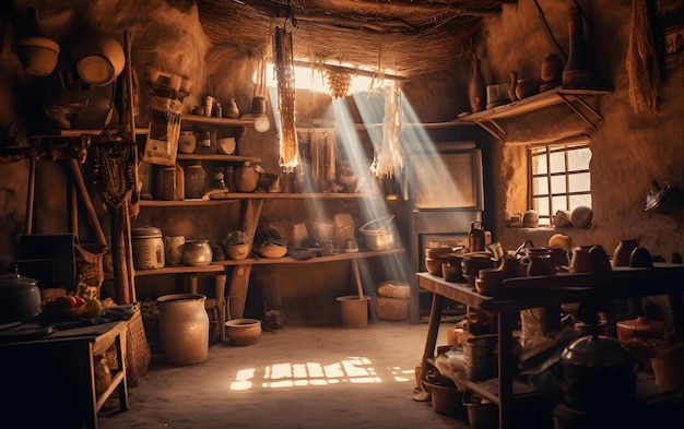 A room with a lot of pots and a light coming through the window