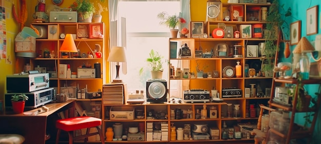 A room with a lot of shelves and a window with a plant on it.