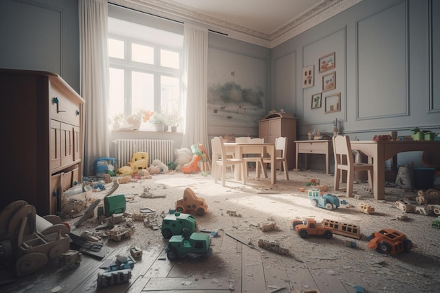 A room with a lot of toys on the floor and a chair that says " the word " on it.