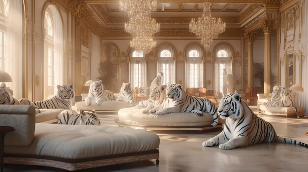 A room with a lot of white tigers on it