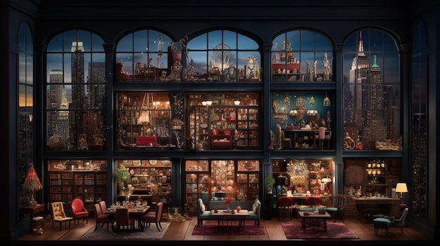 a room with a lot of windows and a large collection of dolls