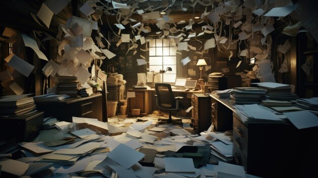 Photo a room with lots of papers and a desk ai