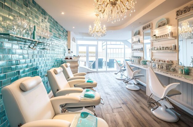 Photo a room with manicure chairs chandelier and a glass tile wall