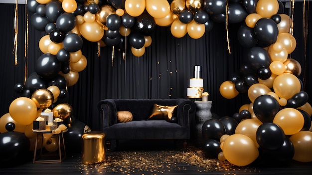 Room with many black and gold balloons scattered in all corners Black room with gold balloons